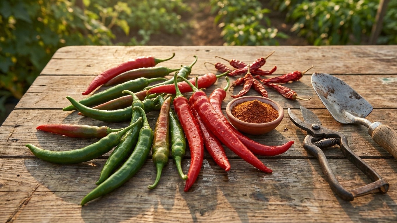 An arrangement of fresh chili peppers ranging from green to red, displayed on a rustic wooden table with kitchen tools and ground chili powder.