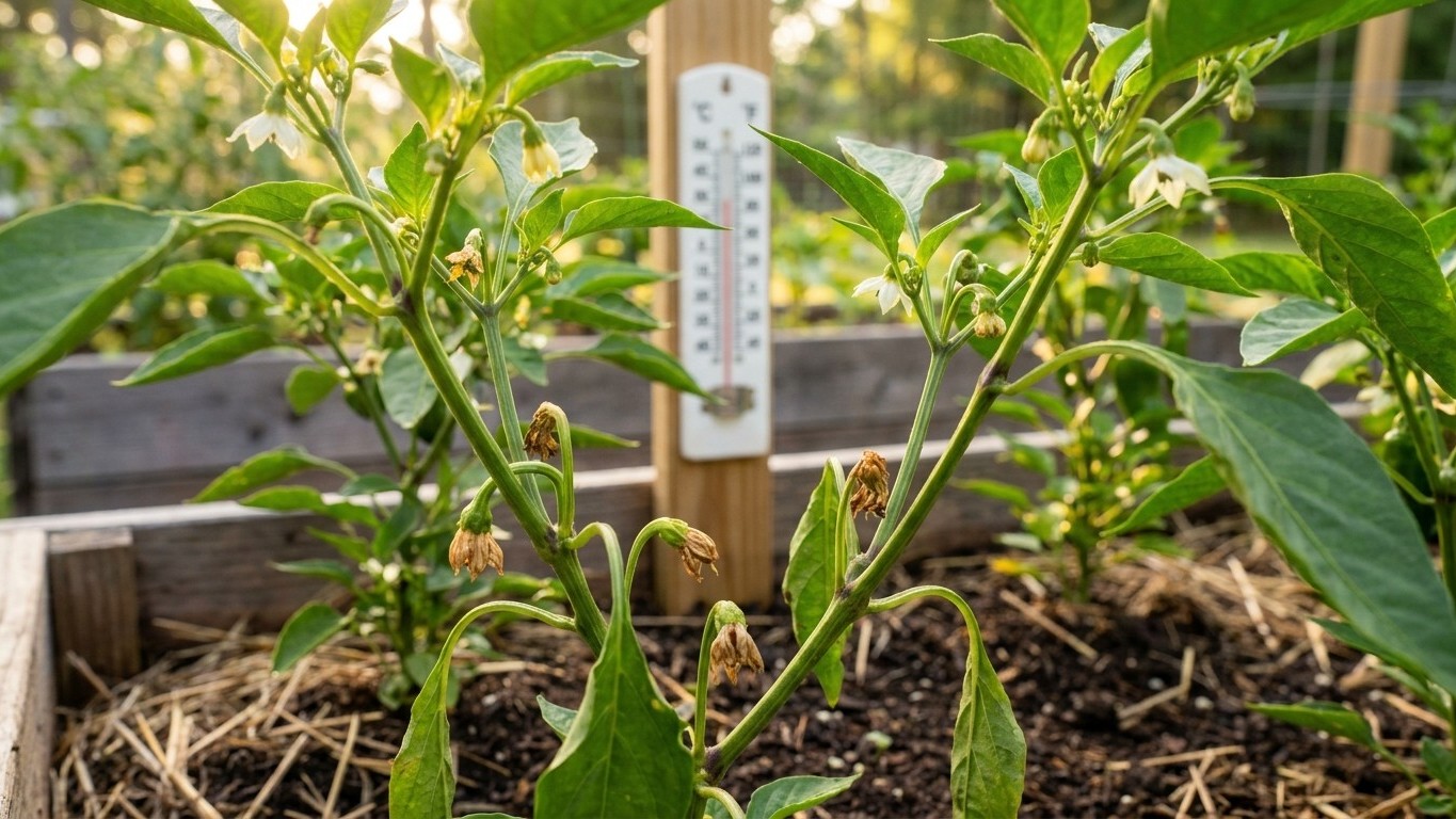 A young pepper plant with white flowers and developing buds grows in a raised garden bed with a thermometer visible in the background.