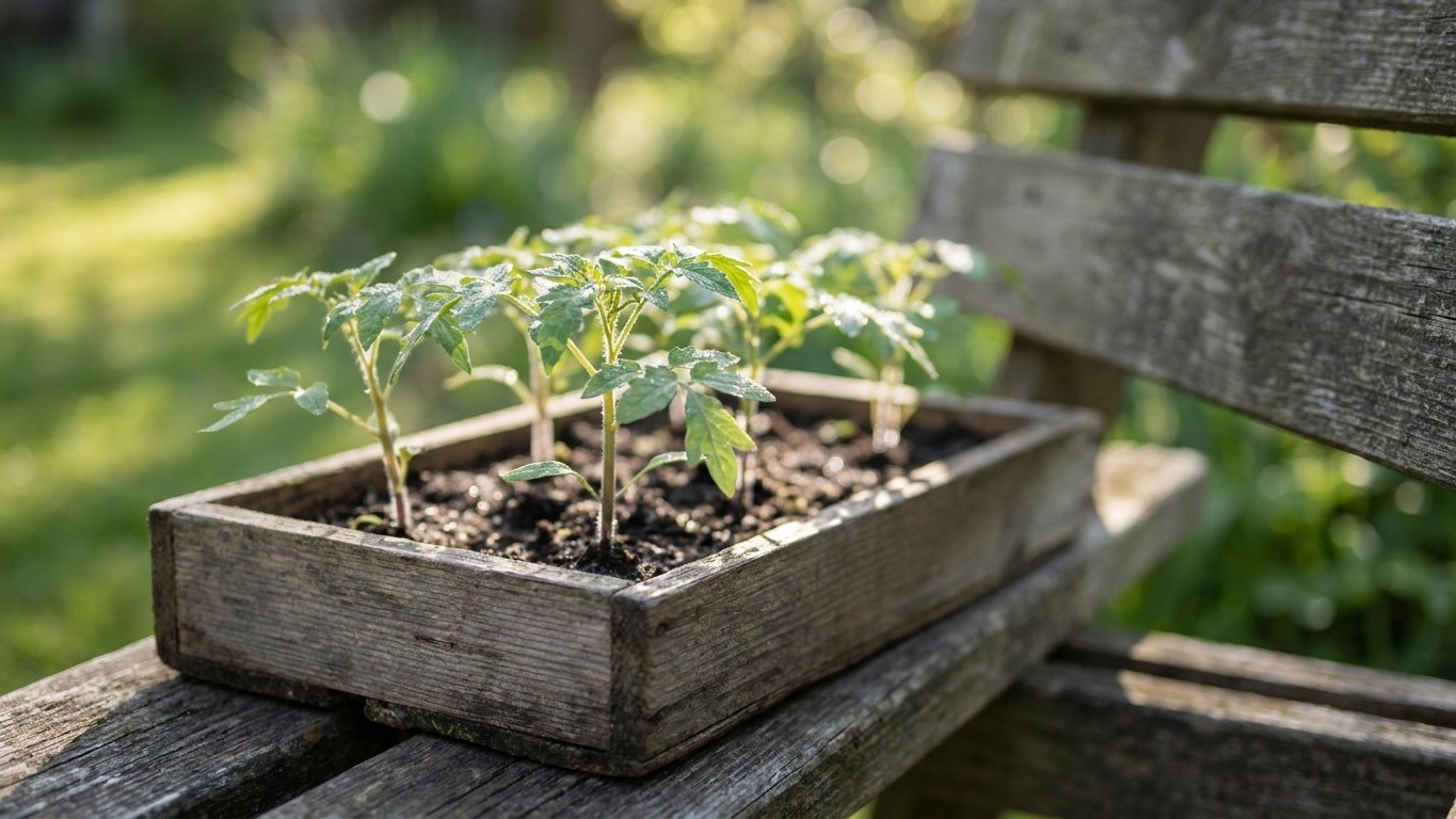 Young tomato seedlings with true leaves growing in a rustic wooden seed tray placed on a garden bench.
