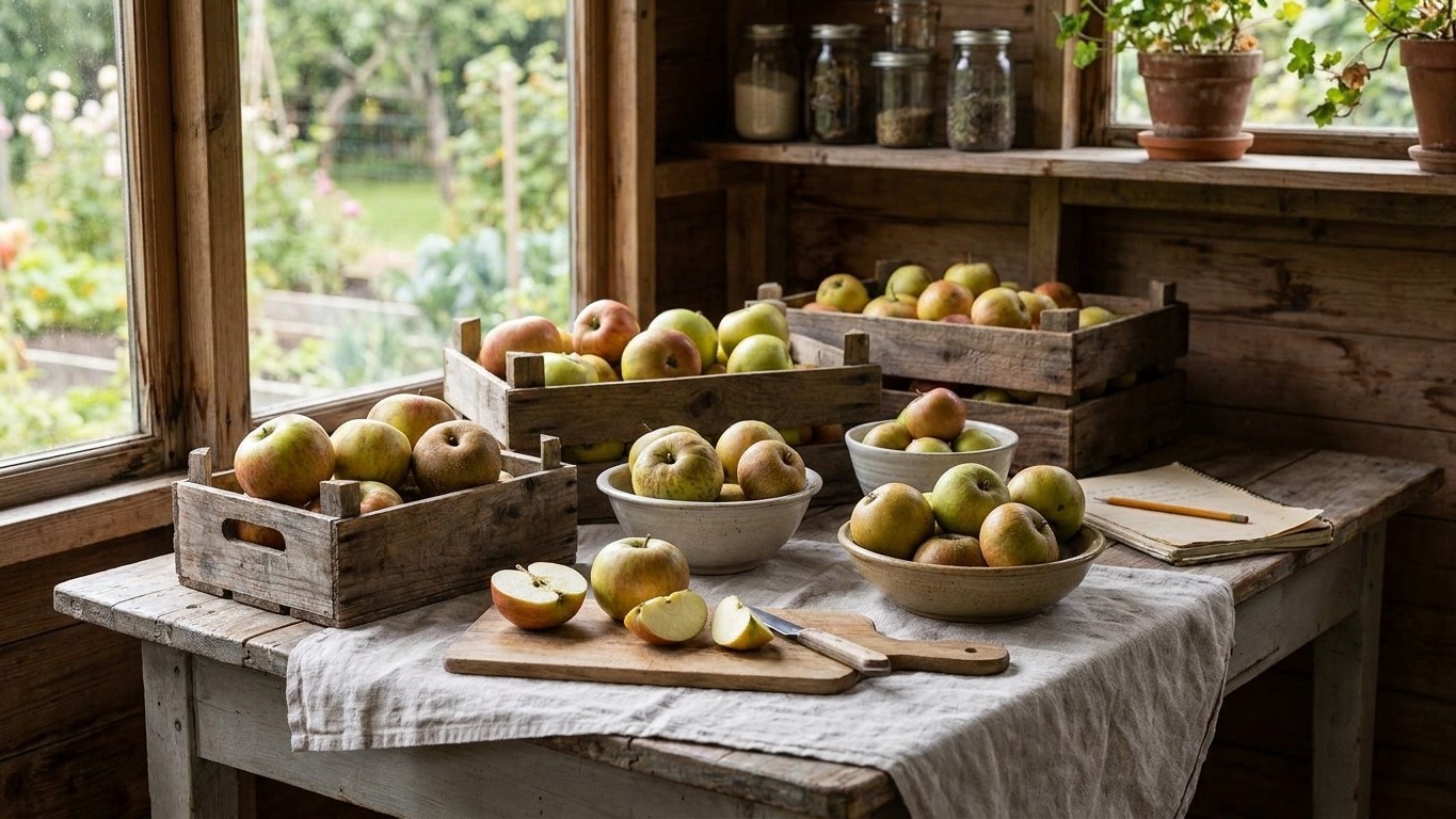 A rustic kitchen still life displays harvested apples in wooden crates and ceramic bowls on a white marble table with garden views through large windows.