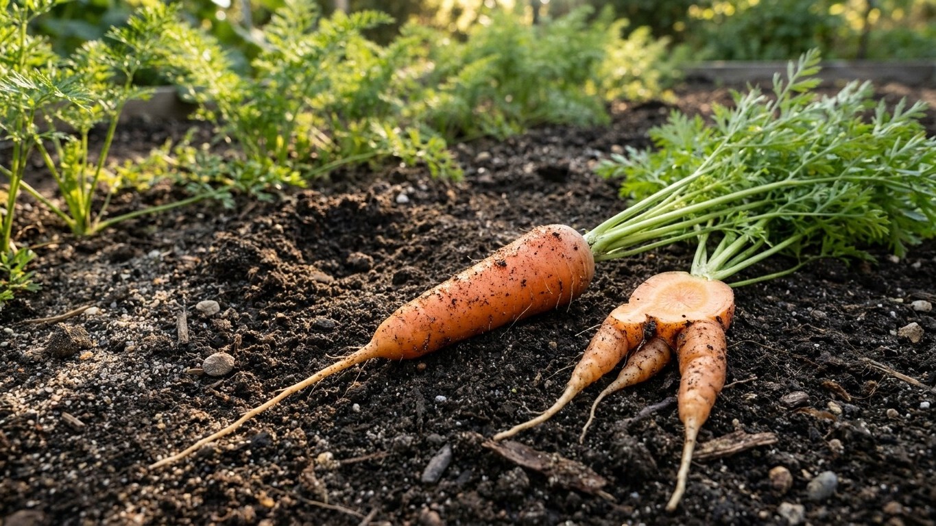 Freshly harvested carrots with soil and green tops lying on dark garden soil amid growing vegetable plants.