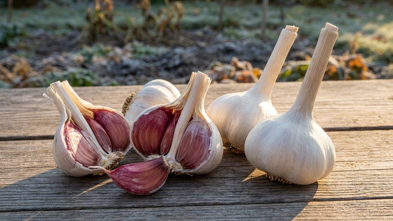 Freshly harvested garlic bulbs with whole cloves and separated segments displayed on a rustic wooden surface with blurred garden background.