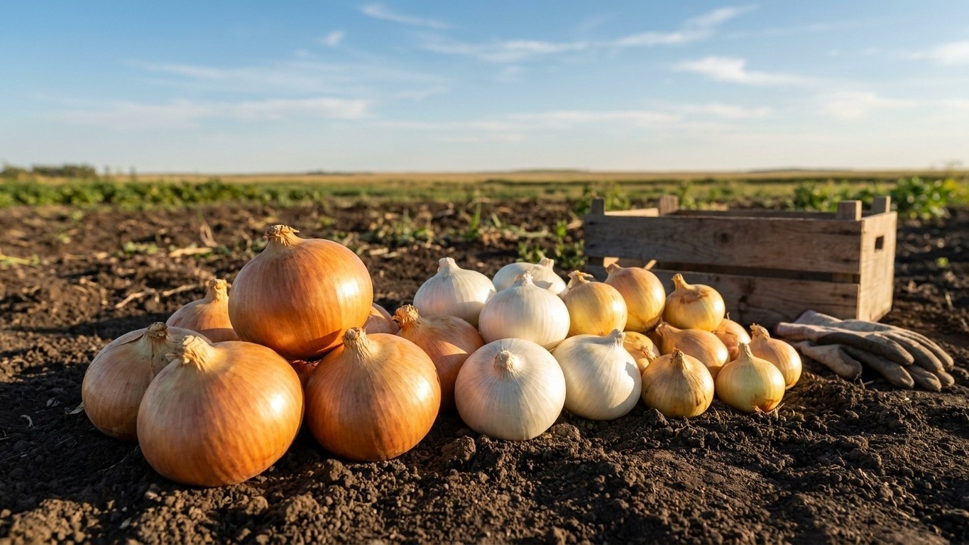 Golden and white onions freshly harvested and arranged on dark soil with a vegetable field and wooden crate visible in the background.
