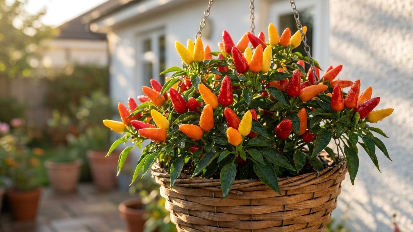 A woven basket hanging planter filled with vibrant red and yellow ornamental peppers displayed in a sunny residential patio setting.