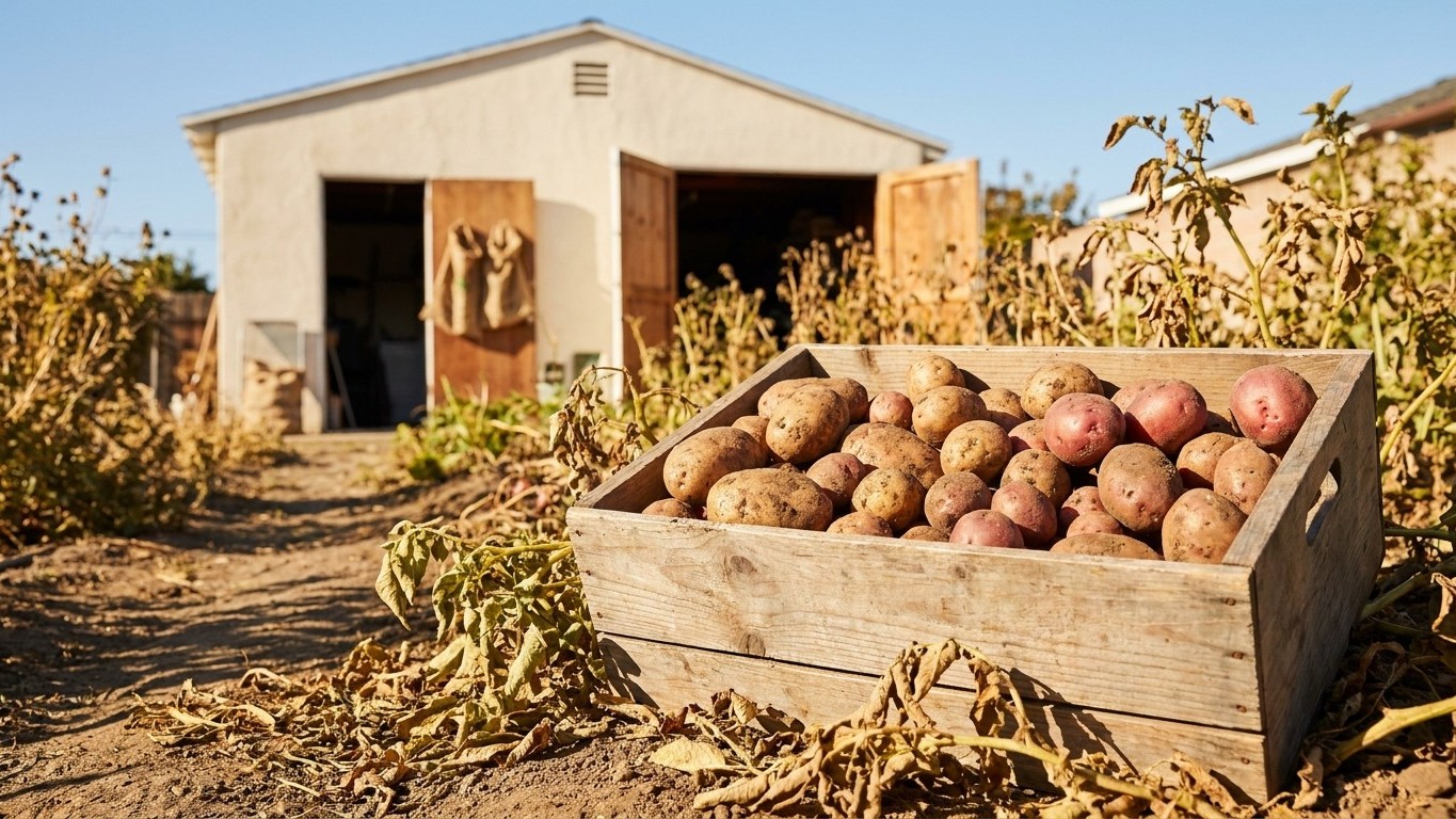 A wooden crate full of harvested potatoes sits in a vegetable garden with a garden shed and dried plants in the background.
