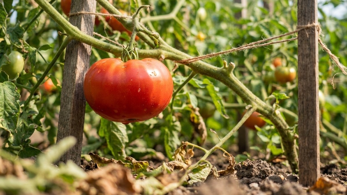 A bright red ripe tomato hangs from a green vine supported by wooden stakes in a vegetable garden.