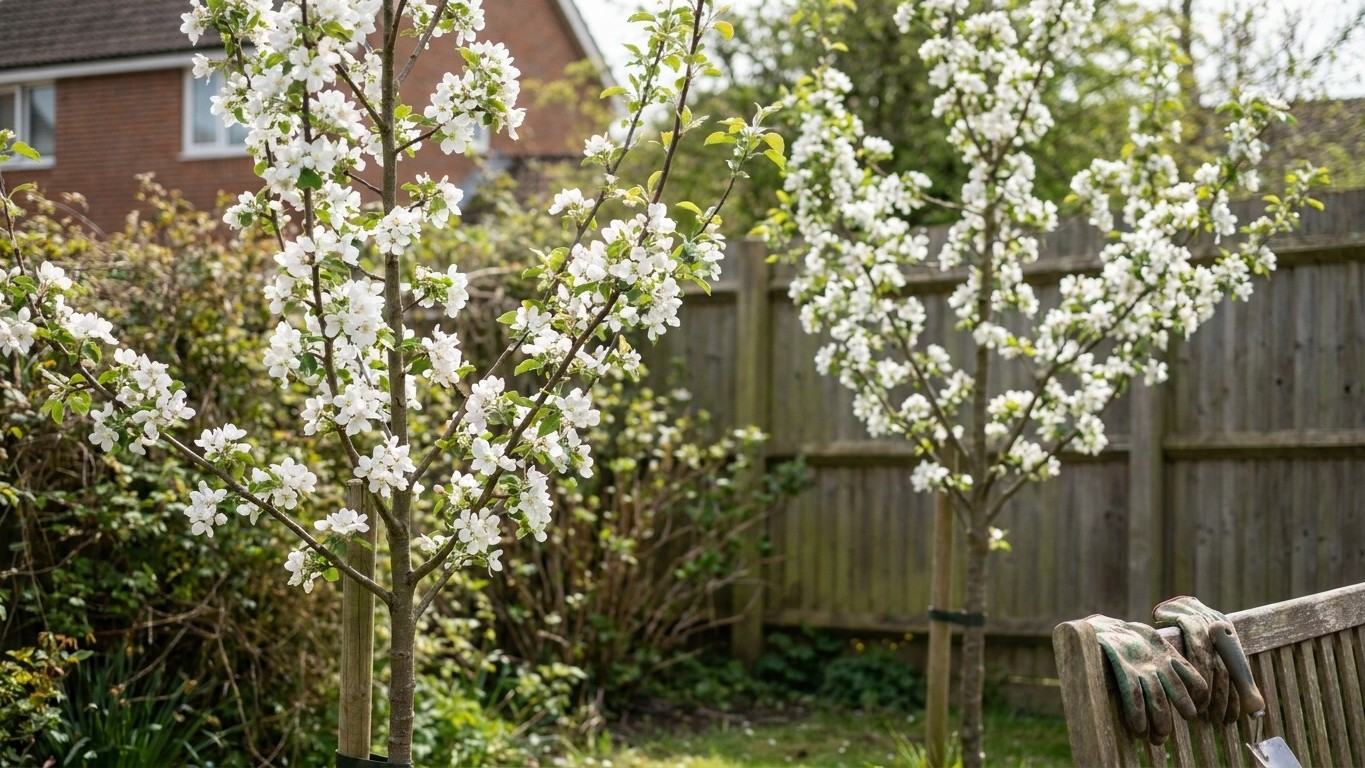 A spring-blooming ornamental tree with delicate white flowers stands in a residential backyard with wooden fence and bench.