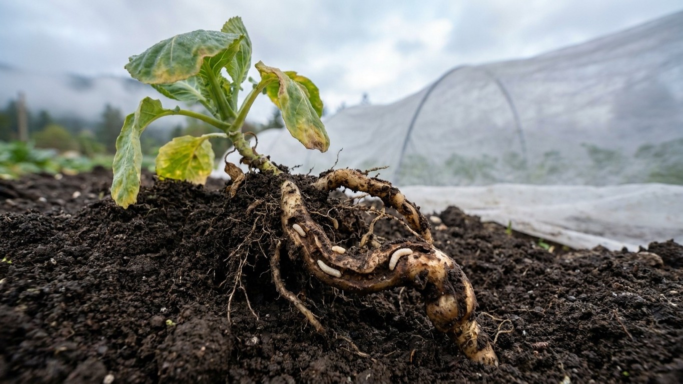 A young potato plant with visible roots and emerging leaves growing from dark soil, with a row cover visible in a cultivated garden setting.