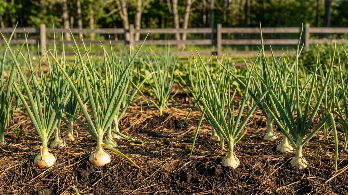 Young onion bulbs developing in a vegetable garden row with wooden fence and trees visible in the background.