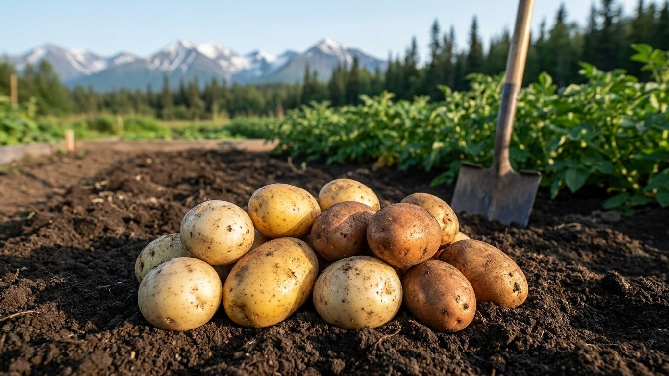 Freshly harvested potatoes displayed on dark garden soil with a shovel, growing plants, and snow-capped mountains in the background.