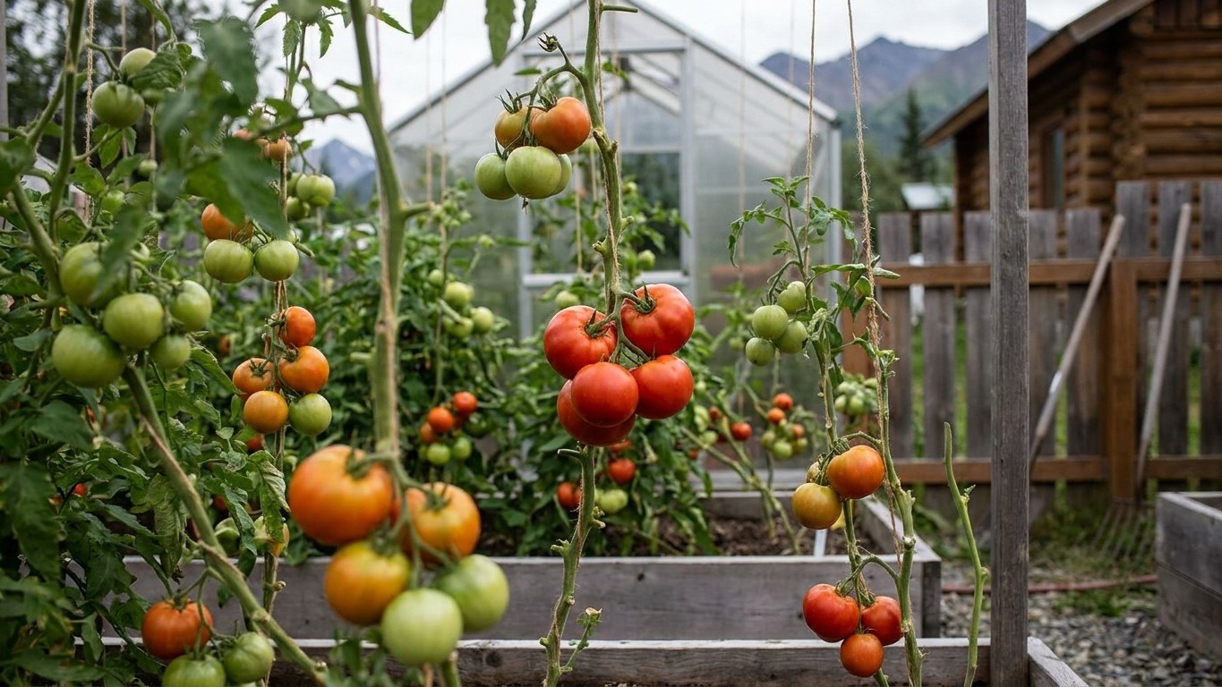Lush tomato plants laden with ripe red and ripening orange fruits grow inside a glass greenhouse with mountain views.