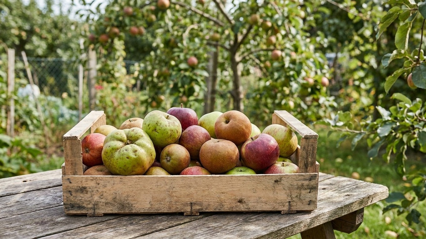 A rustic wooden crate overflowing with freshly harvested apples of various varieties displayed on a wooden table in an orchard.