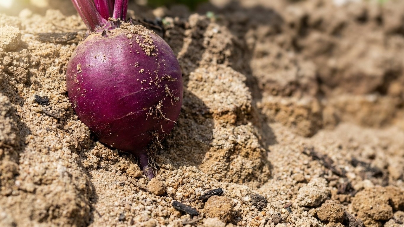 A freshly harvested purple beet sits partially embedded in sandy soil with its green leafy tops still attached.