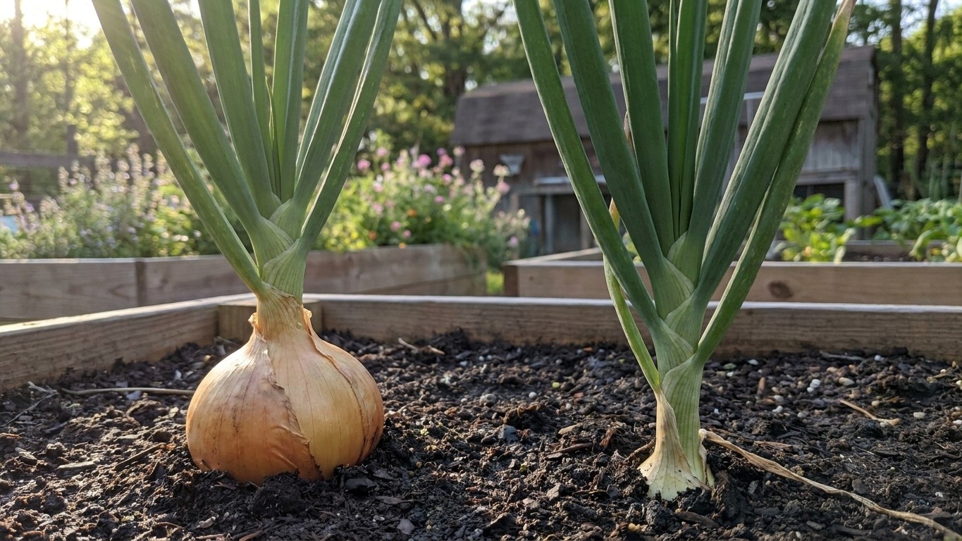 Mature onion plants with visible bulbs growing in a raised bed with dark mulch, shot in bright sunlight.