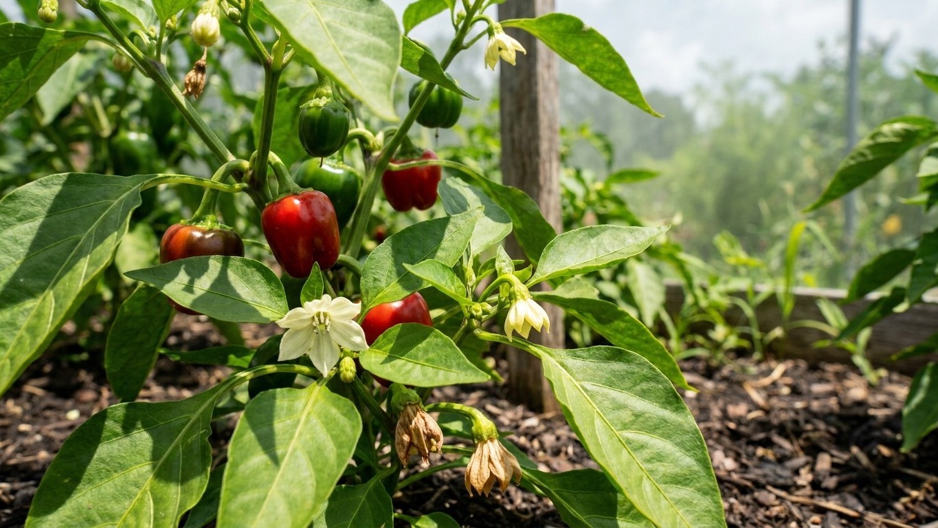 Pepper plants with ripening red and green fruits and small white flowers in a vegetable garden with support structure visible in background.