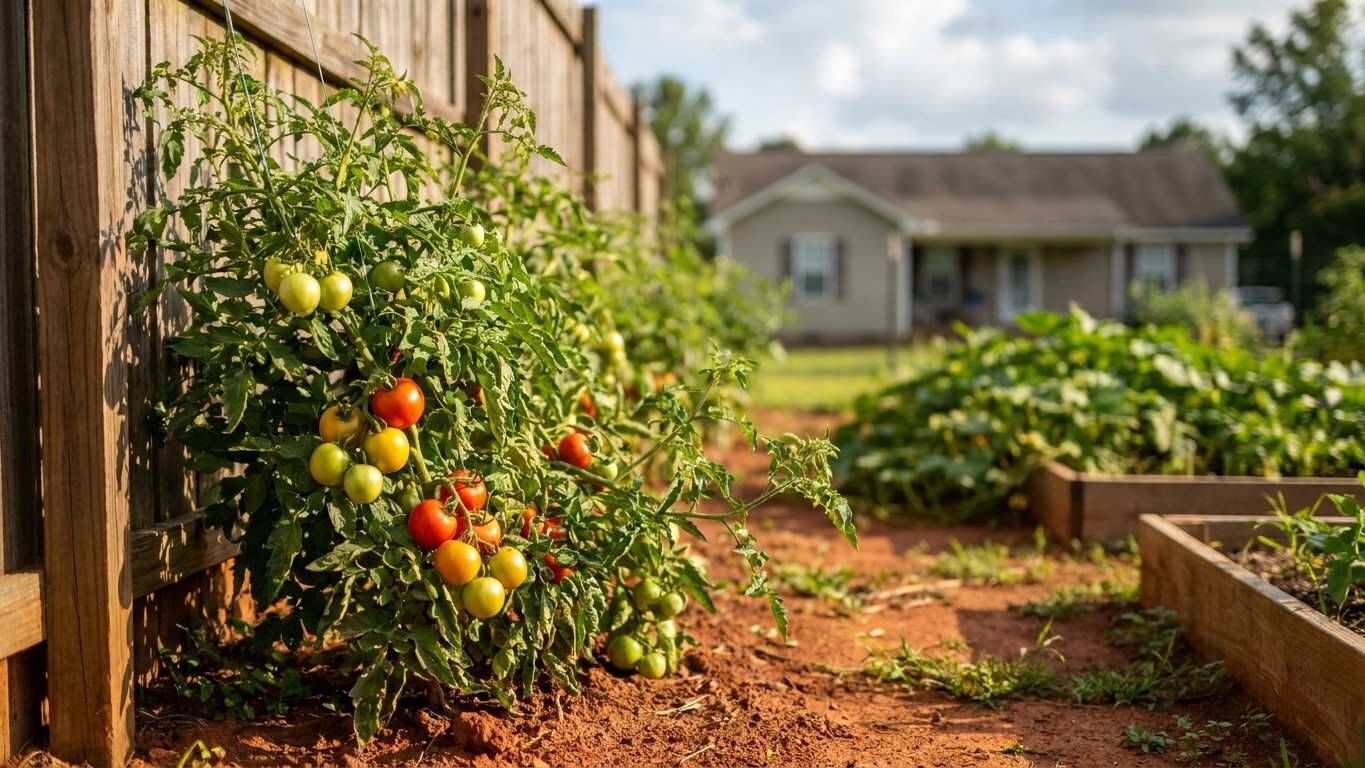 A vegetable garden with mature tomato plants bearing red and yellow fruits growing along a wooden fence, with raised beds and a residential home visible in the background.