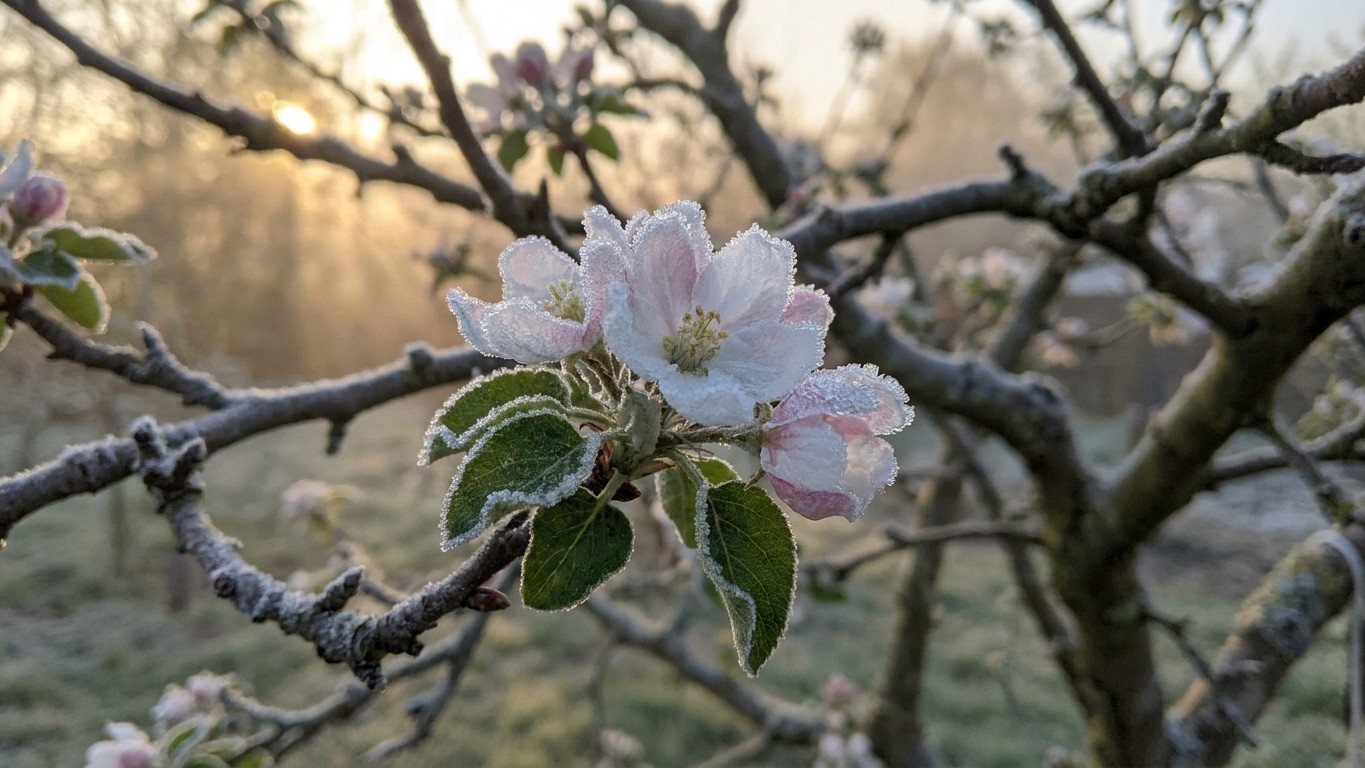 Close-up of delicate white apple blossoms coated with frost crystals on a branch in early spring.