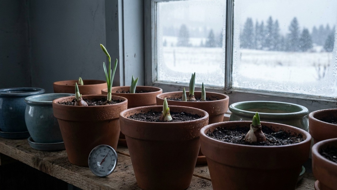 Multiple terracotta pots with emerging bulb shoots lined up on a wooden windowsill against a snowy landscape view.