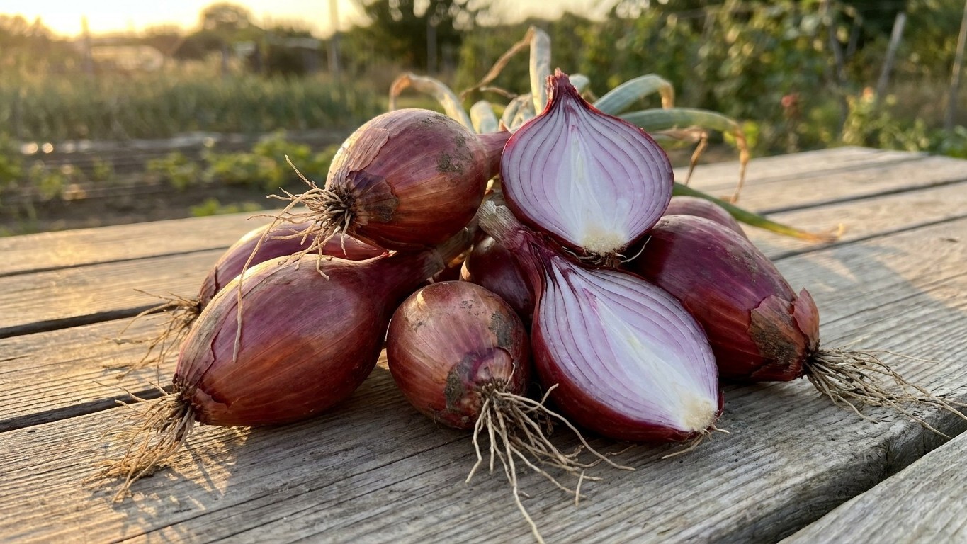 Freshly harvested red onions with roots intact arranged on weathered wooden deck in golden sunlight.