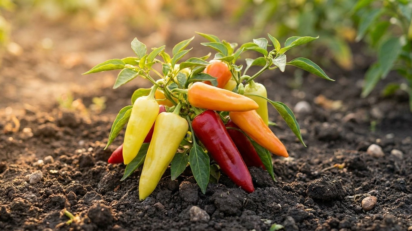 A vibrant pepper plant bearing multiple ripe peppers in various colors—yellow, orange, red, and burgundy—growing in dark garden soil.