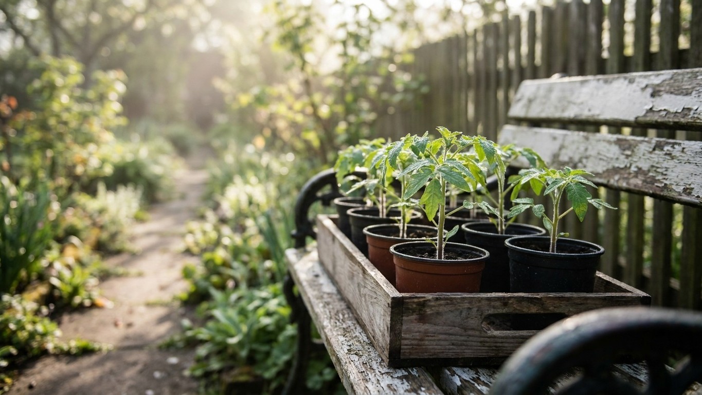 Young tomato seedlings in individual pots arranged in a wooden tray on a garden bench with vibrant spring foliage visible in the background.