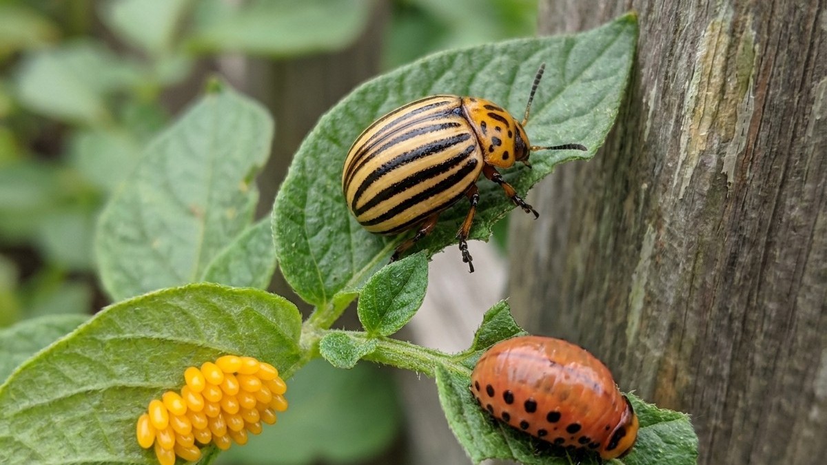Colorado potato beetles in various life stages on a potato plant leaf, including an adult with distinctive yellow and black stripes and reddish larvae with dark spots.