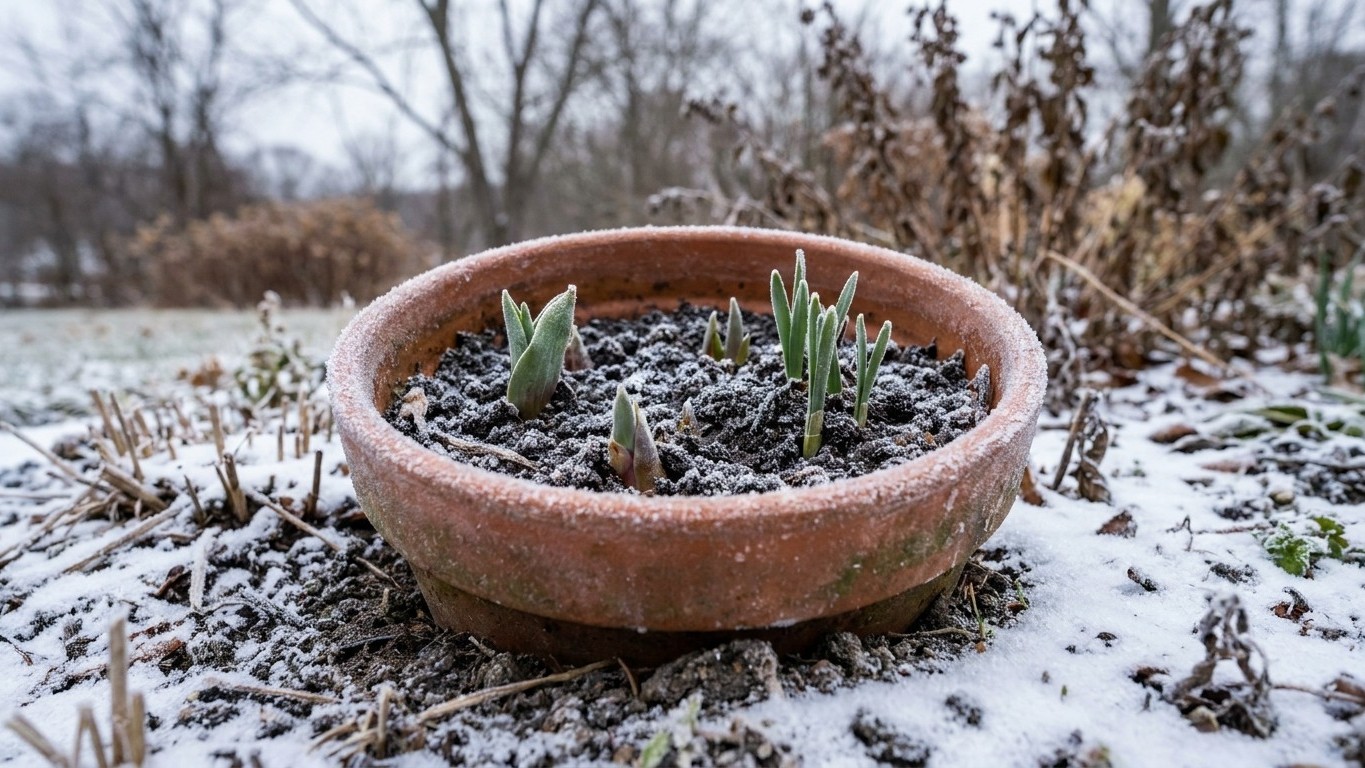 Emerging spring bulb shoots with frost-dusted leaves in a weathered terracotta container set in a winter landscape.