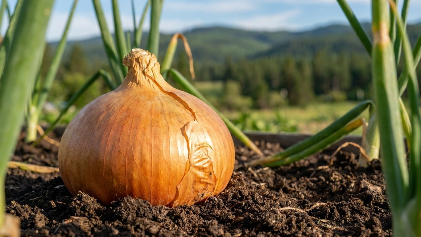 A mature golden onion bulb growing in dark soil with green foliage and mountains visible in the background.