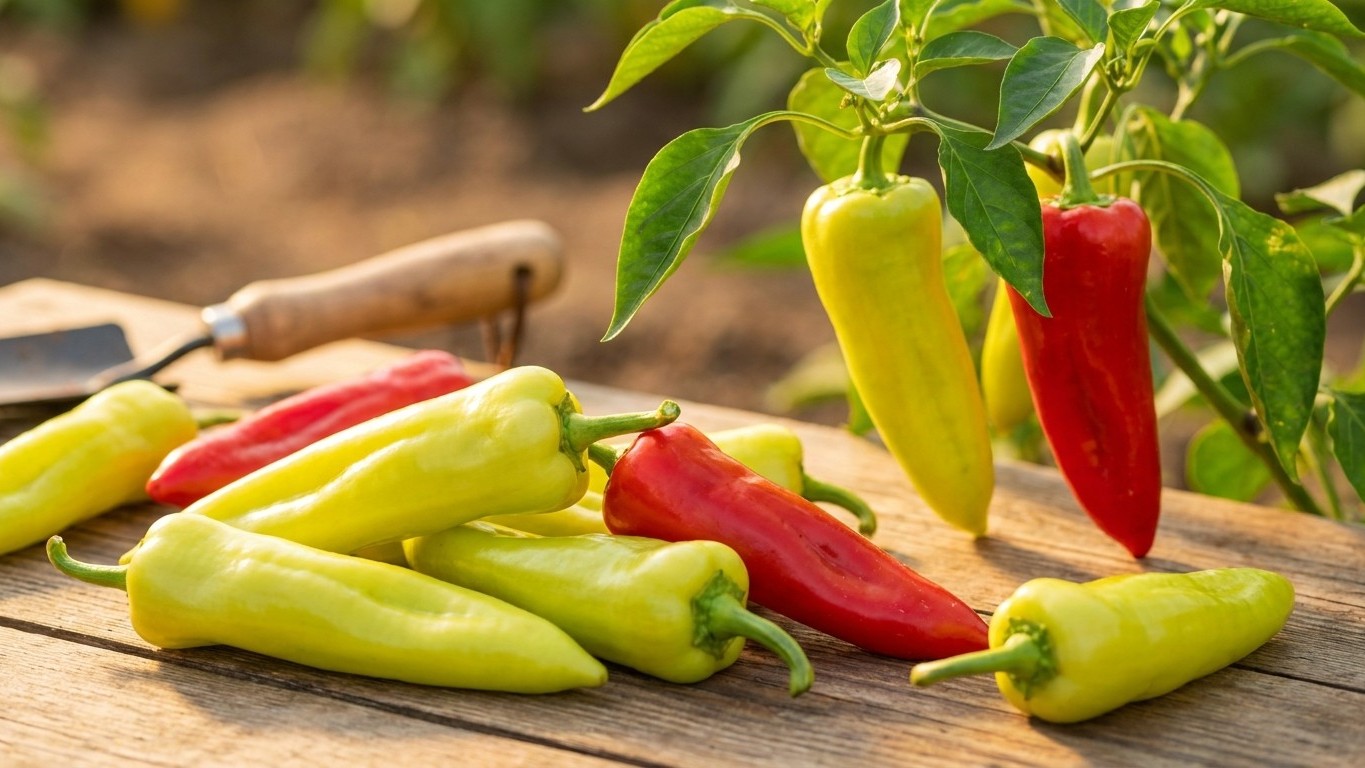 Freshly harvested yellow and red bell peppers arranged on a wooden table with a garden plant visible in the background.