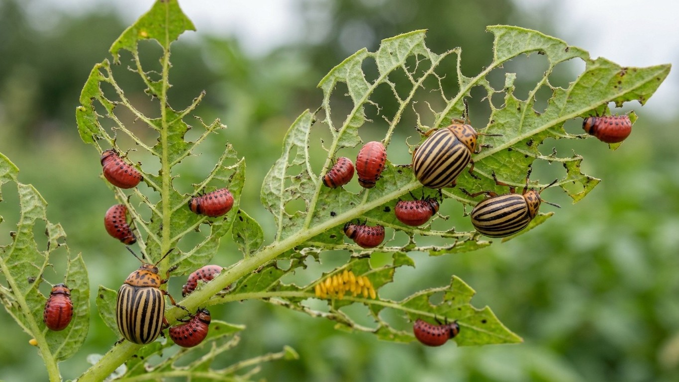 Manitoba potato beetles with distinctive striped shells clustered on potato plant foliage alongside red berries and seed pods.