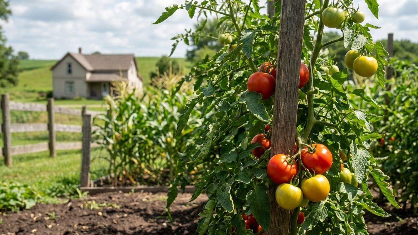 Red and yellow tomatoes ripen on staked plants in a flourishing vegetable garden with farmhouse and pasture visible in the background.