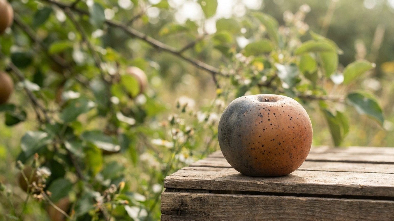 A ripe brown apple rests on weathered wood with blurred orchard foliage in the background.