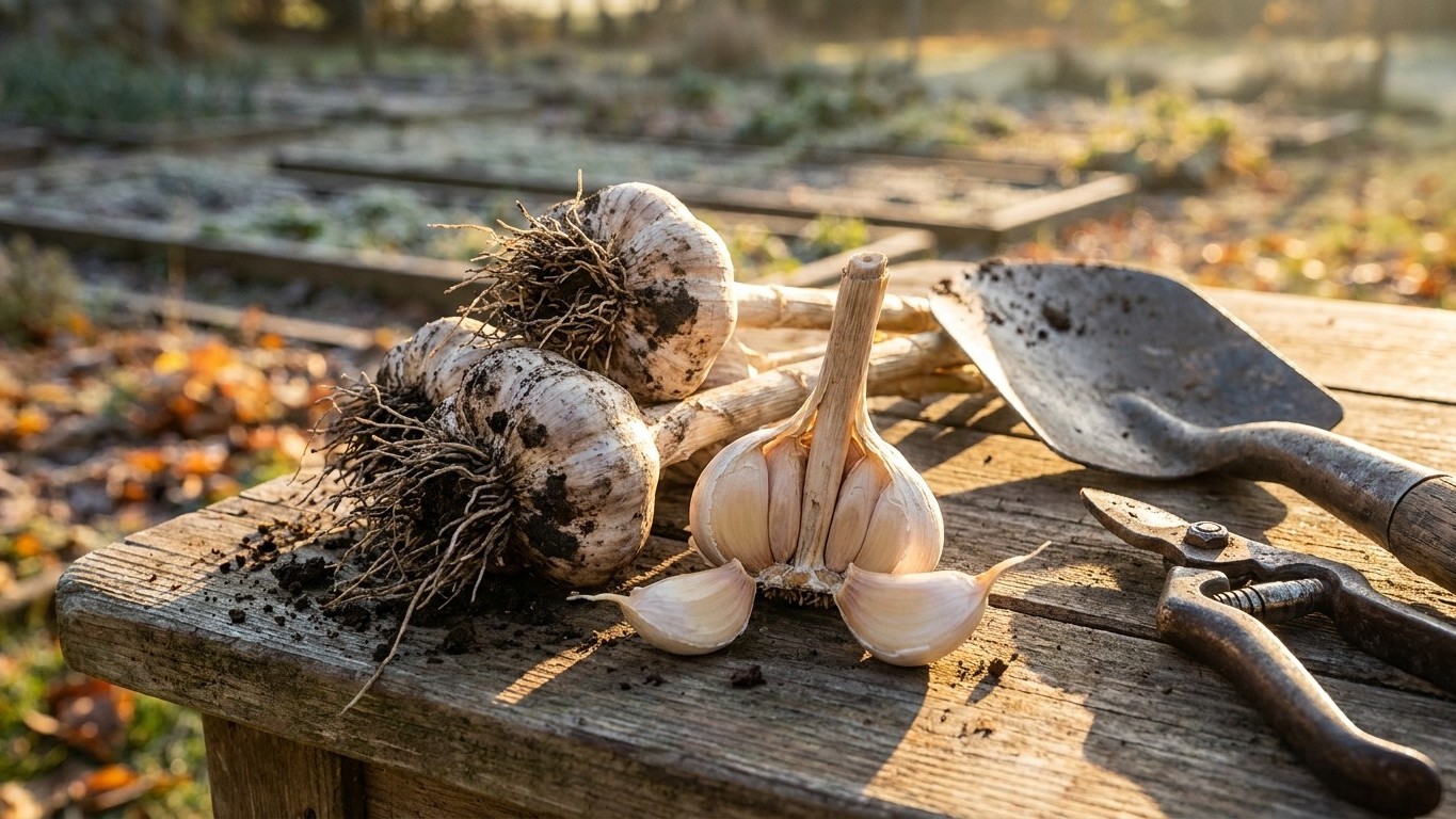 Freshly harvested garlic bulbs with soil still attached are displayed on a wooden surface alongside separated cloves and garden tools in warm natural light.