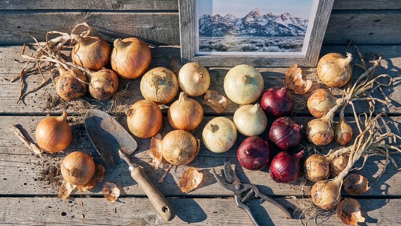 A collection of freshly harvested onions in various colors displayed on weathered wooden boards with a framed mountain landscape in the background.