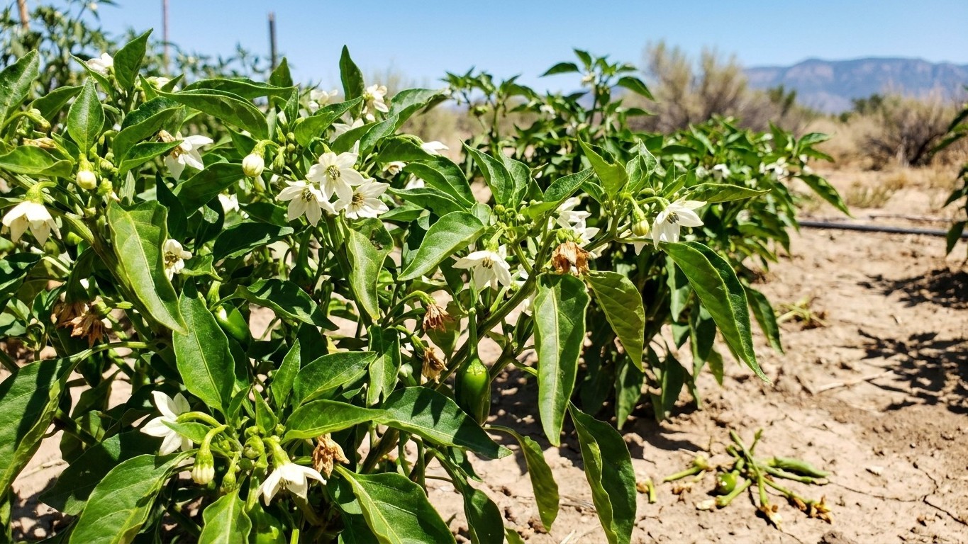 Pepper plants with white flowers growing in a sunny vegetable garden with mountains visible in the background.