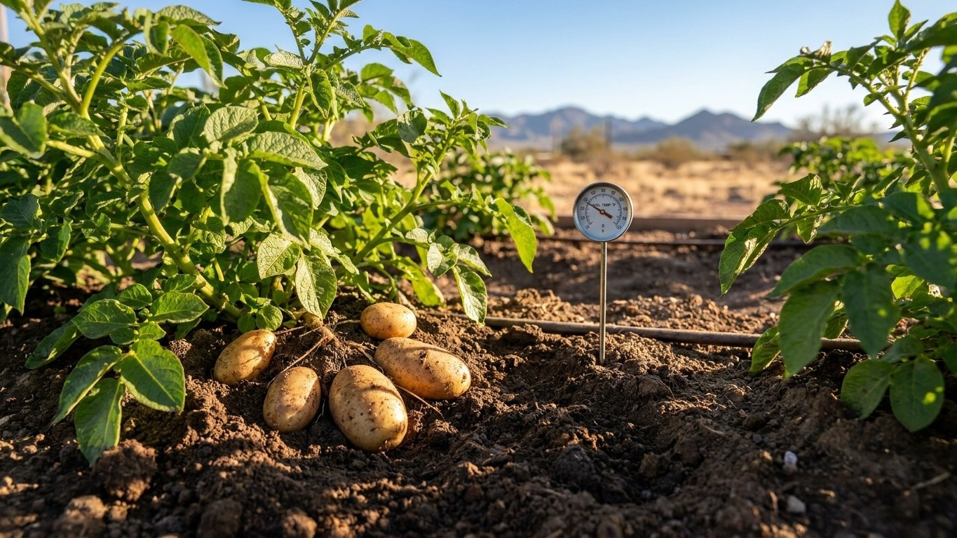Mature potato plants in a garden bed with harvested tubers visible at the soil surface and a soil thermometer inserted nearby.