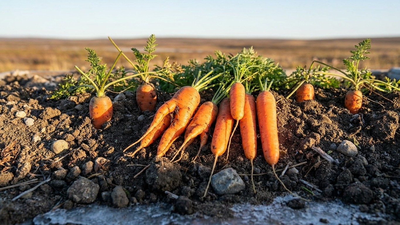 A row of freshly harvested orange carrots with green tops still attached, displayed on dark soil in a vast agricultural field.