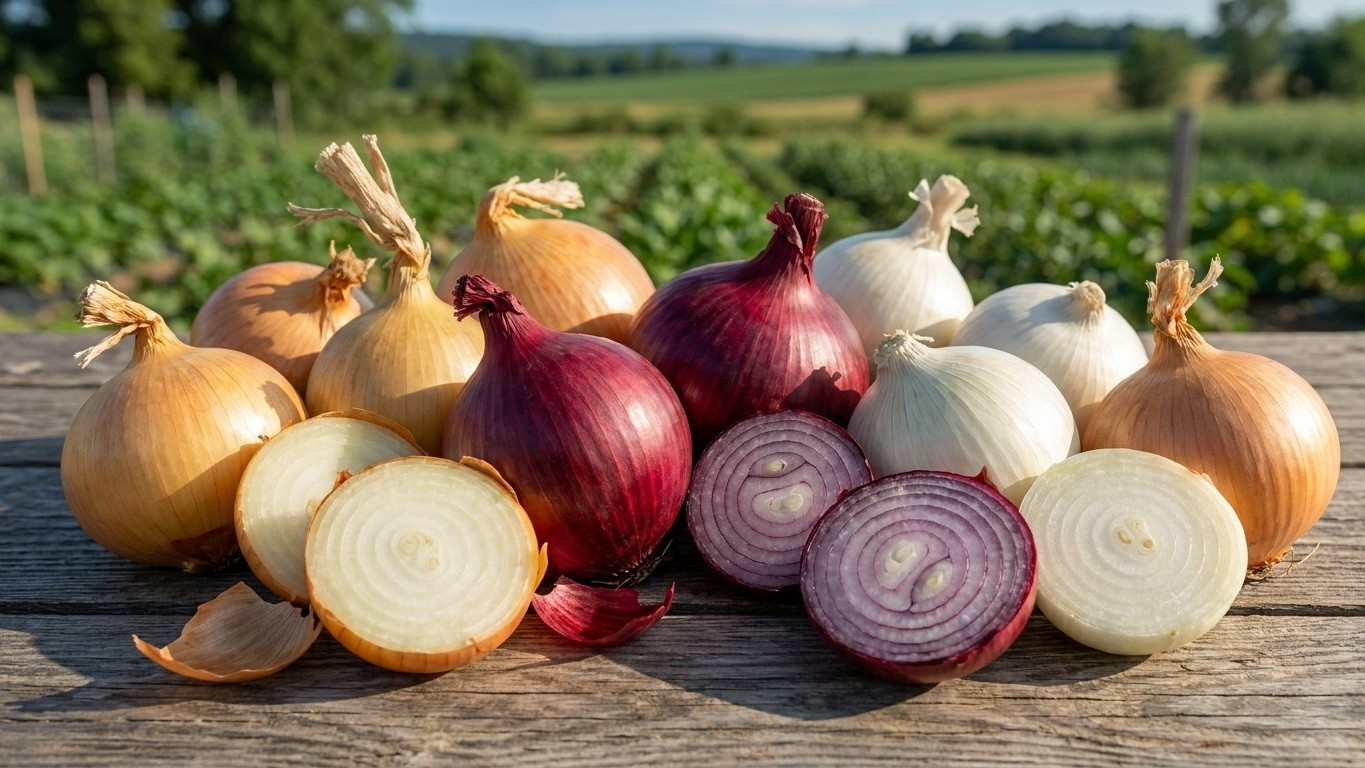 Fresh harvested onions in various colors—golden, white, and red—displayed whole and sliced on a wooden surface with cultivated fields visible in the background.