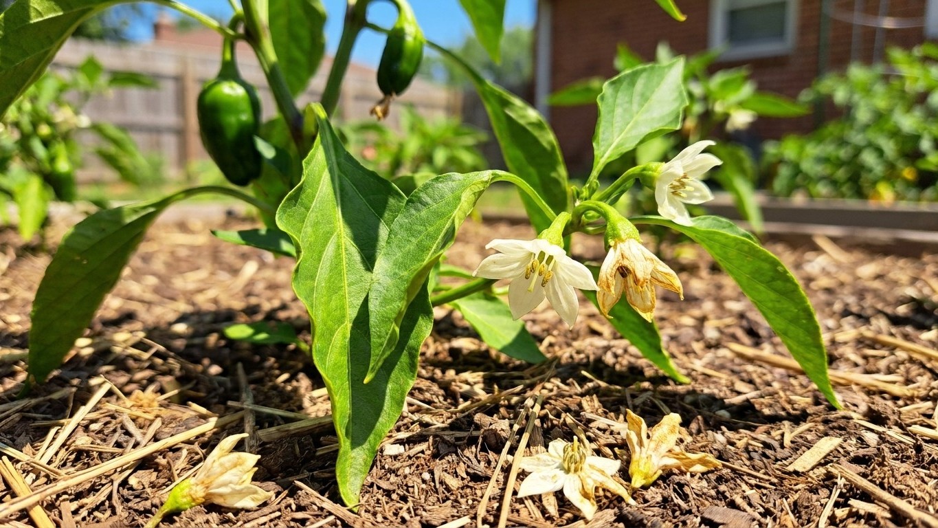 A growing pepper plant displays developing green fruits and delicate yellow flowers in a sunny vegetable garden bed with mulch.