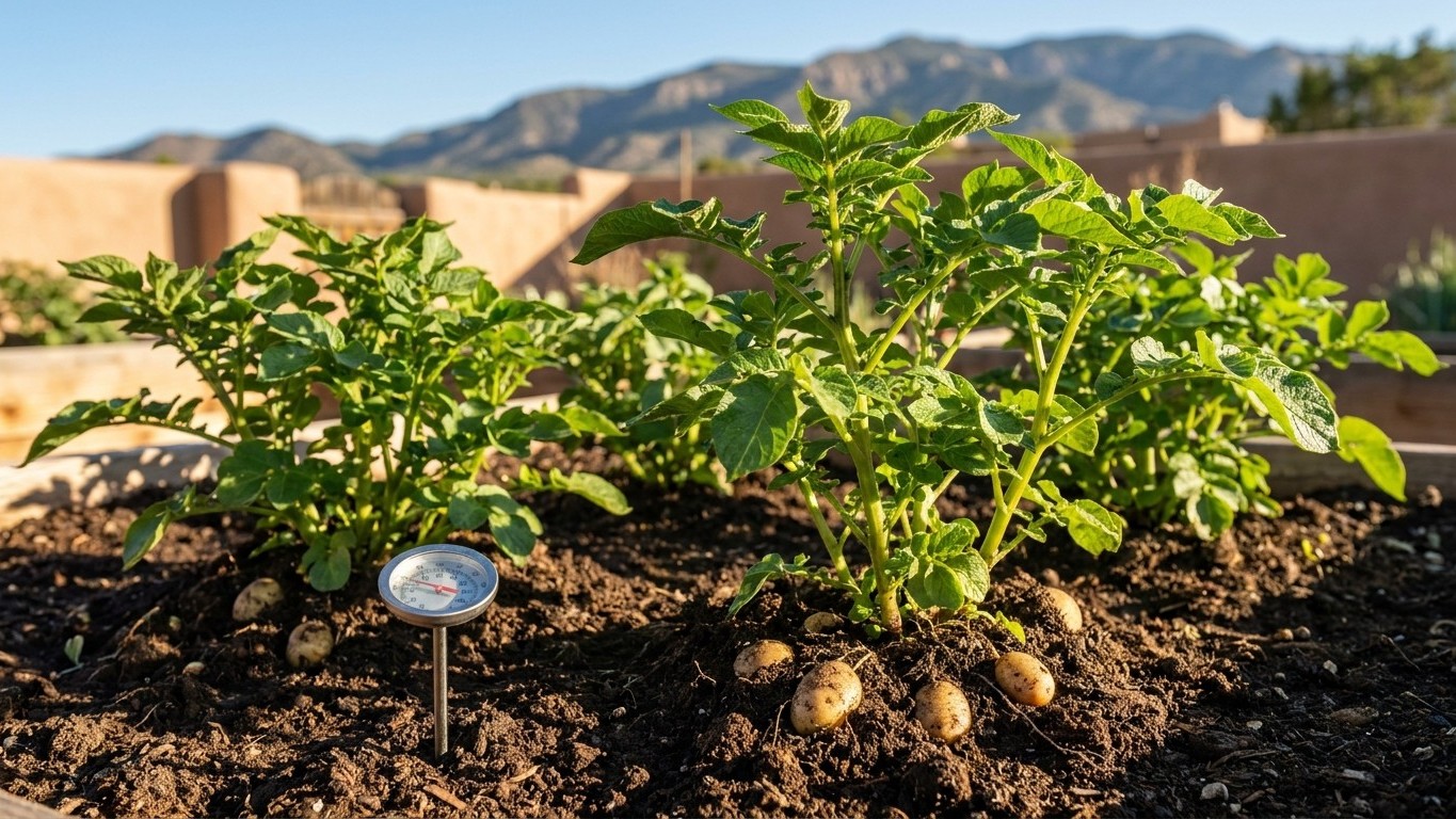 Young potato plants growing in dark soil with a soil thermometer probe inserted between them, mountains visible in the background.