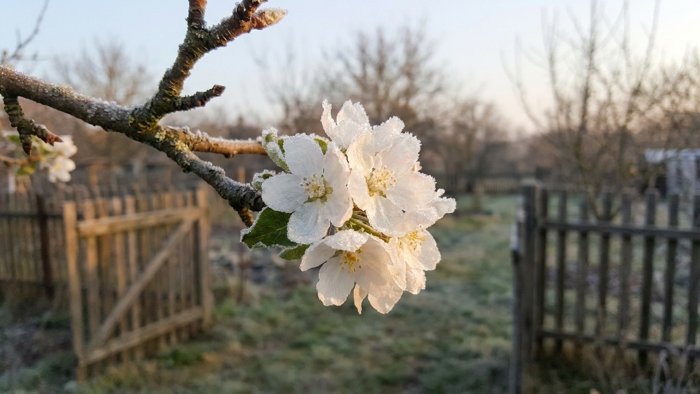 Close-up of delicate white frost-covered blossoms on an apple tree branch in early spring with a rural wooden fence and bare trees in the background.