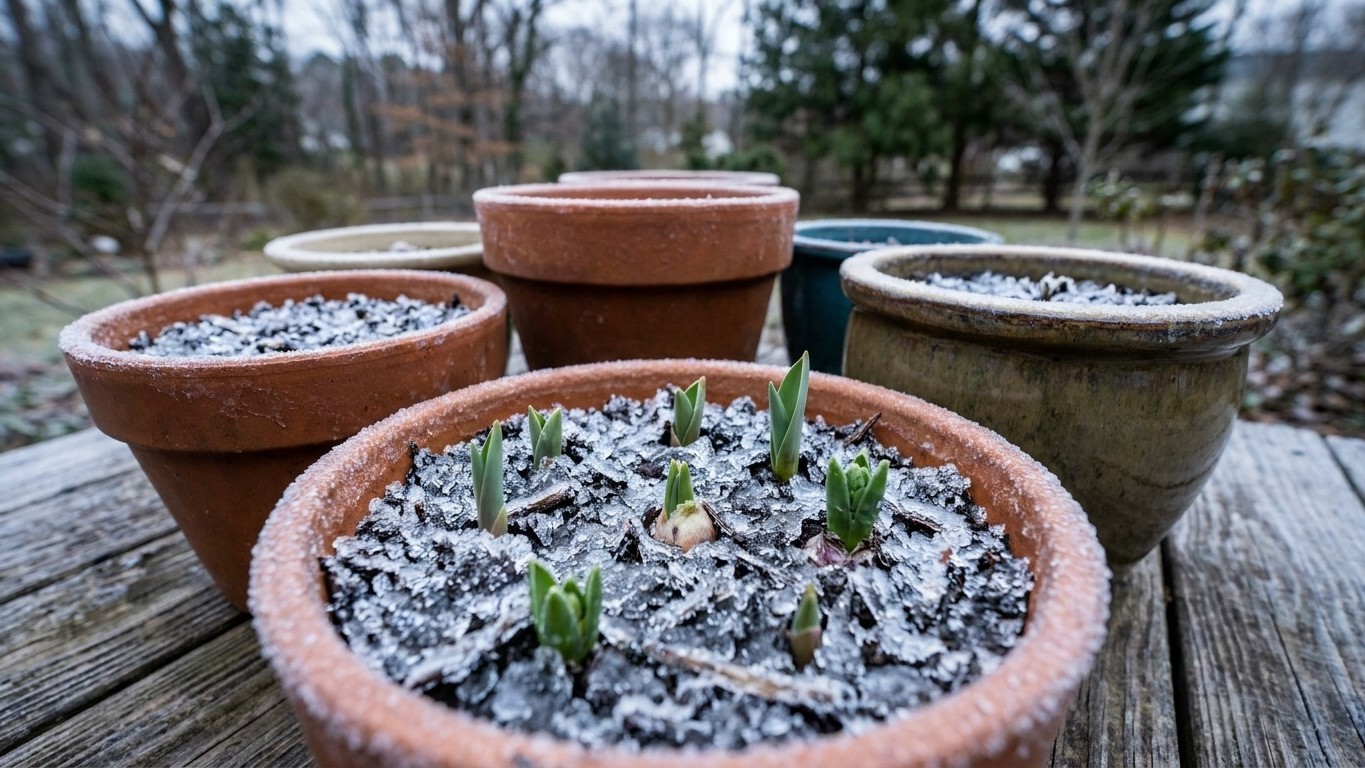 Multiple terracotta pots containing early spring bulb shoots covered with frost or snow, arranged on a wooden surface with bare trees visible in the background.