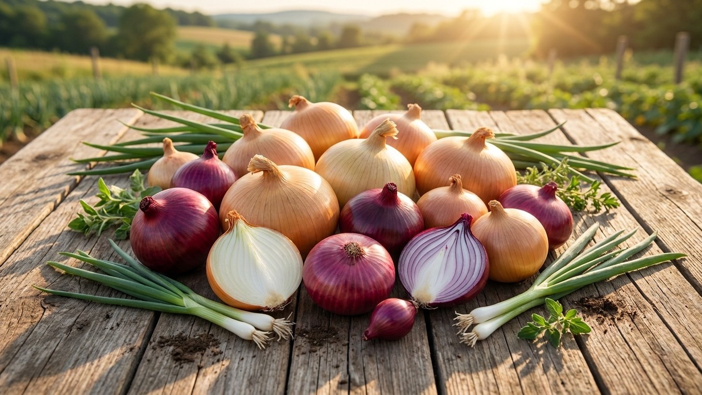 A vibrant arrangement of fresh yellow, white, and red onions with green scallions displayed on a wooden table overlooking a sunlit farm landscape.