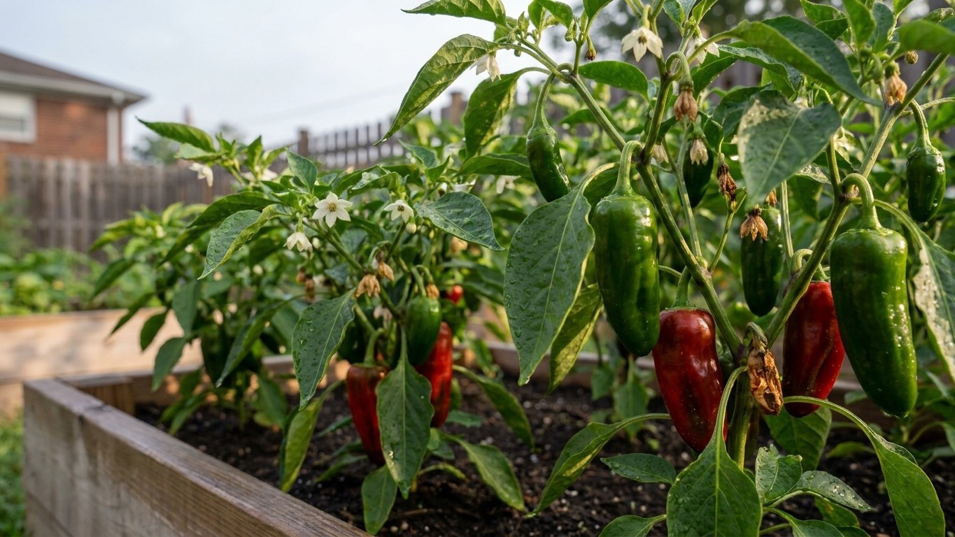 A backyard raised bed garden shows mature pepper plants with both green and red peppers in various stages of ripeness during summer.