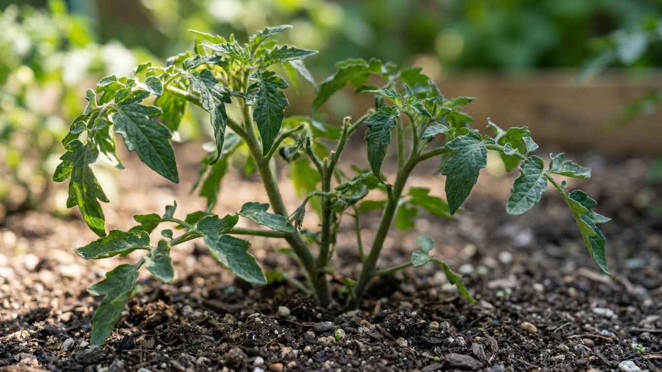 A young tomato seedling with multiple stems and textured green leaves growing in dark garden soil with a blurred background.