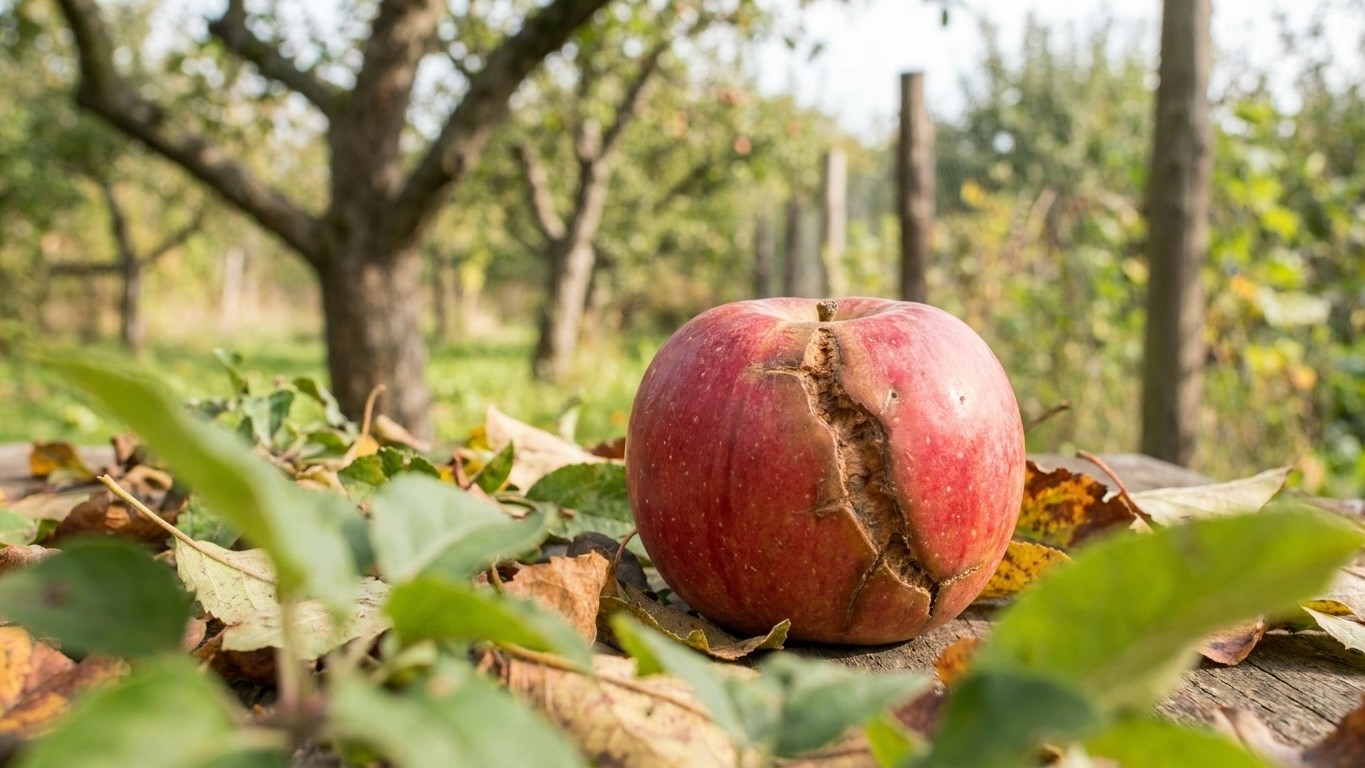 A ripe red apple lies on the ground in an orchard with mature fruit trees visible in soft focus background.