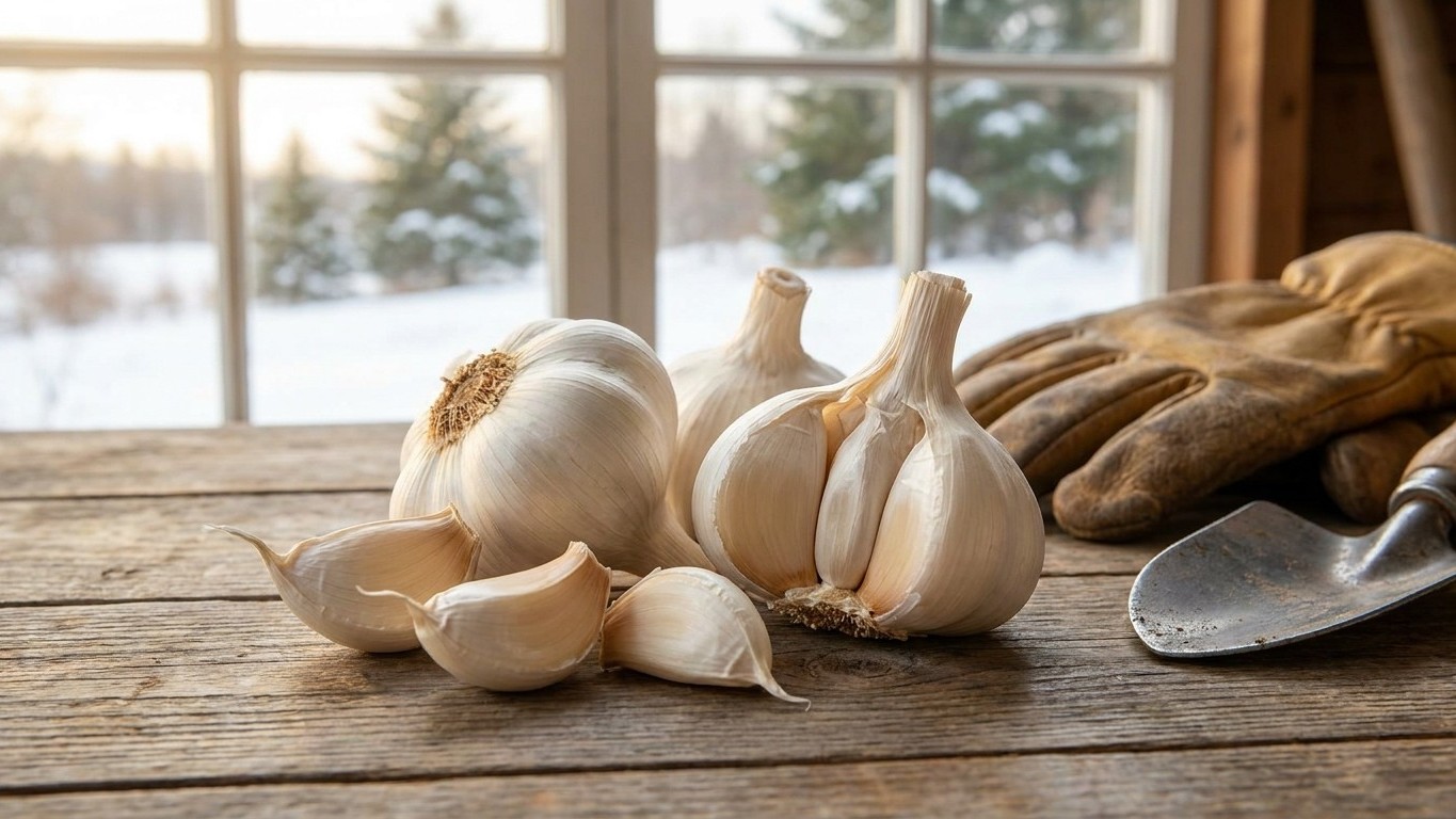 Fresh garlic bulbs and separated cloves arranged on a rustic wooden table with a snowy winter landscape visible through windows behind.