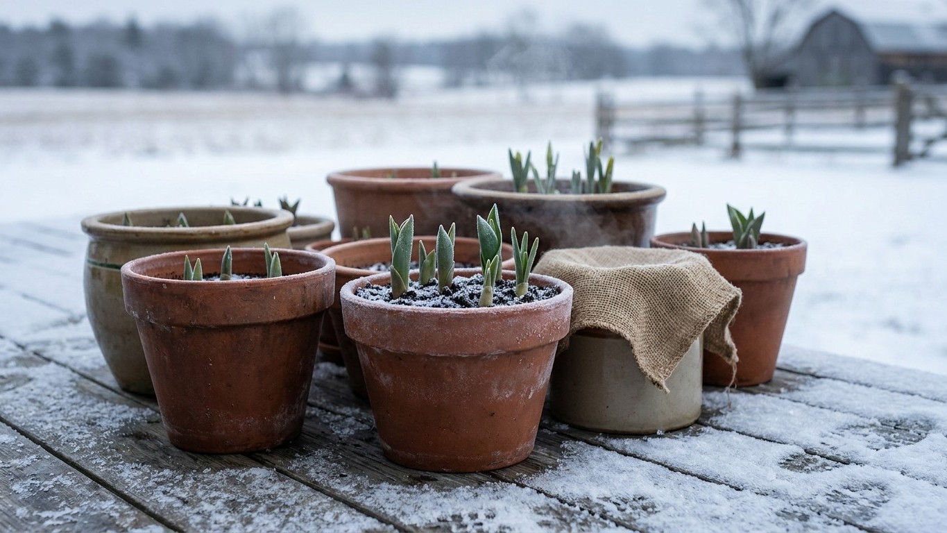 Terracotta pots with emerging spring bulbs arranged on a frozen wooden patio, with burlap cloth and snowy farm field visible beyond.