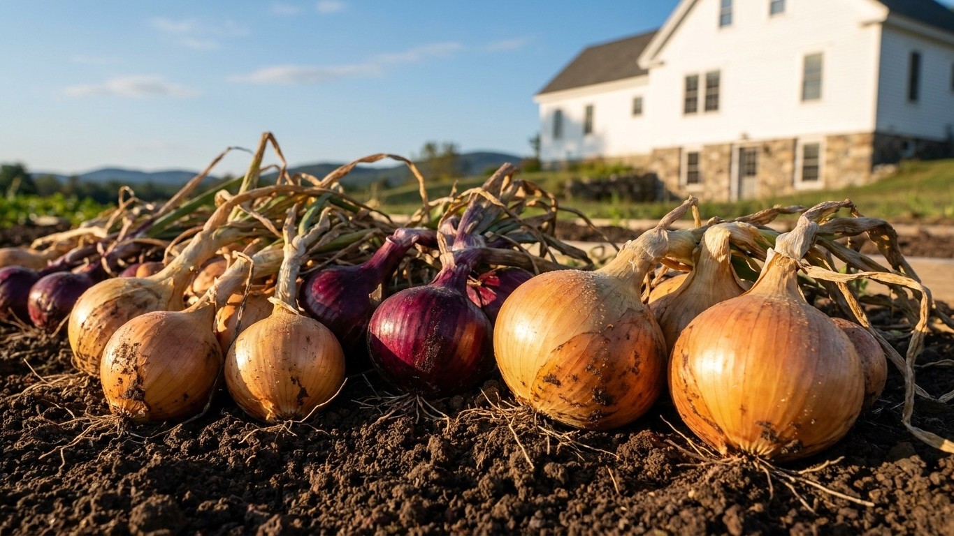 Freshly harvested onions with dried green tops lay on dark soil in front of a white farmhouse, showcasing a late-summer or early-autumn vegetable harvest.