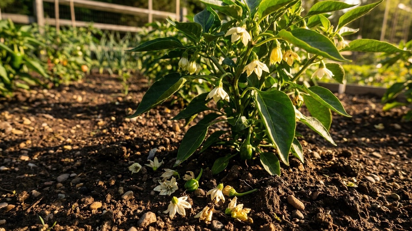 Young pepper plant with delicate white flowers blooming in a sunny vegetable garden bed with mulched soil.